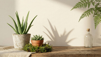Fototapeta premium Organic botanical background with indoor plants, glass bottle and natural shadows on white wall.