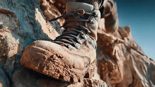 A rugged hiking boot clings to a rocky cliffside, evoking a sense of adventure and resilience. Perfect for illustrating themes of exploration, enduran