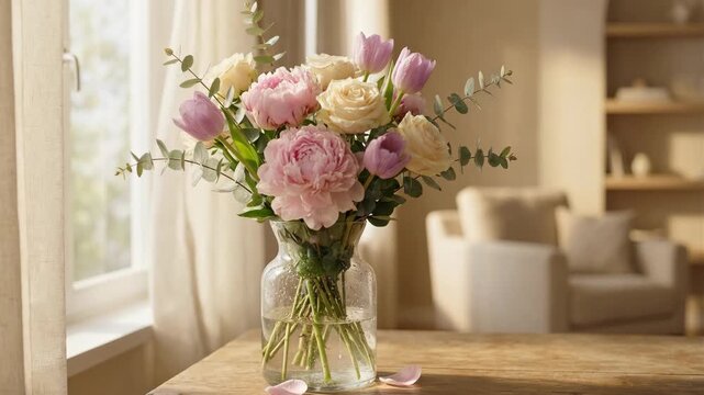 Soft pink peony tulip bouquet with cream roses in glass vase on wooden table cozy light