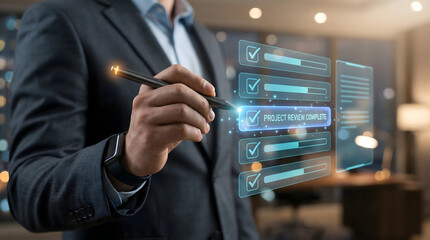 Obraz premium Businessman Completing Project Review on Virtual Holographic Display