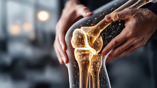 This image presents a futuristic, digital representation of a human knee joint held in hands, ideal for illustrating medical breakthroughs, healthcare