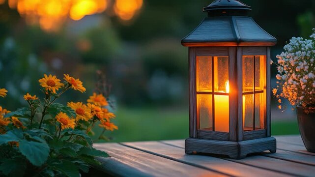 A single lantern sits atop a wooden table, accompanied by a small potted plant