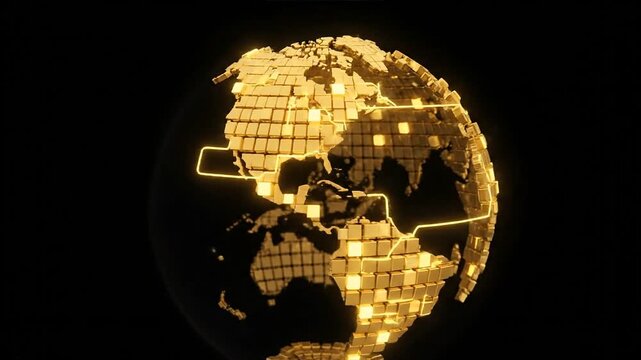 Aerial view of a glowing world map highlighting logistic networks across the globe digitally