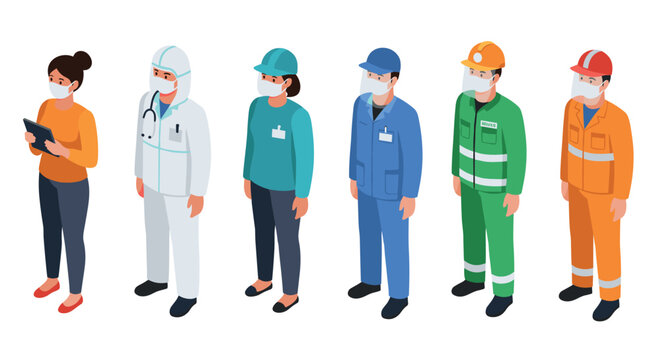 Diverse professions in protective gear isometric design