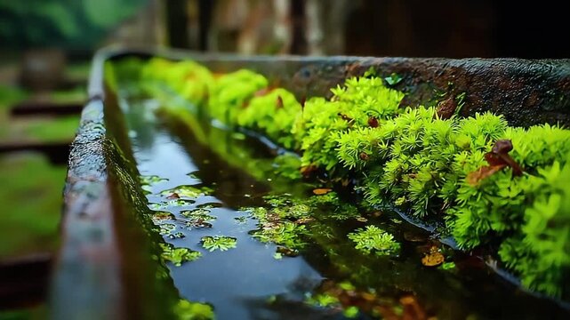 A serene, close-up view of a stone channel filled with water and vibrant green moss.  Ideal for backgrounds illustrating nature, tranquility, or envir