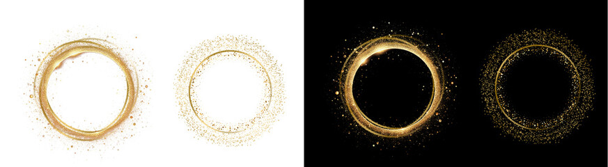 PNG image of Collection of four elegant shimmering gold glitter circular frames featuring swirling light effects on transparent background © MariaAlam