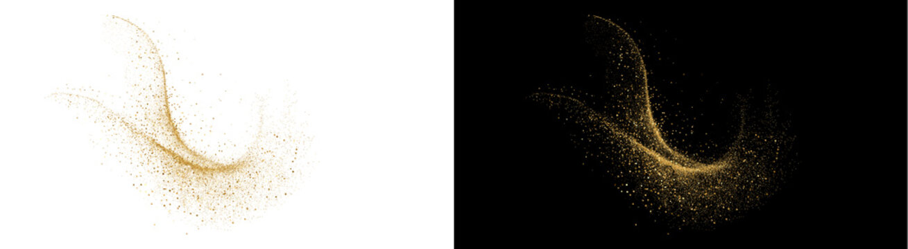 PNG image of gold glitter swirl on transparent background. Abstract magic dust wave, luxury golden particle trail, and glowing stardust swoosh.