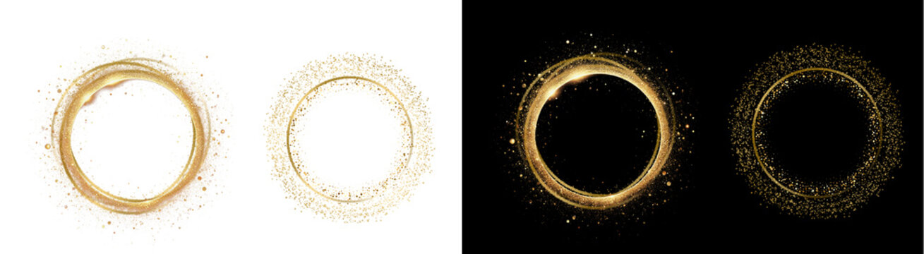 PNG image of&nbsp;Collection of four elegant shimmering gold glitter circular frames featuring swirling light effects on transparent background