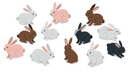 Fototapeta premium Isometric bunnies in various colors: cute rabbits arrangement