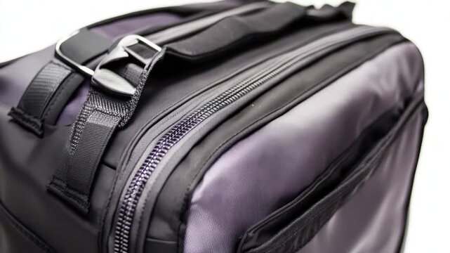 A detailed view of a purple suitcase, great for travel or adventure themed designs