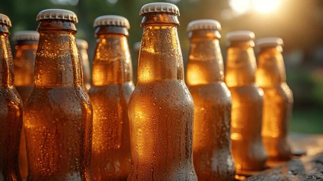 A collection of empty beer bottles placed on a rustic wooden table