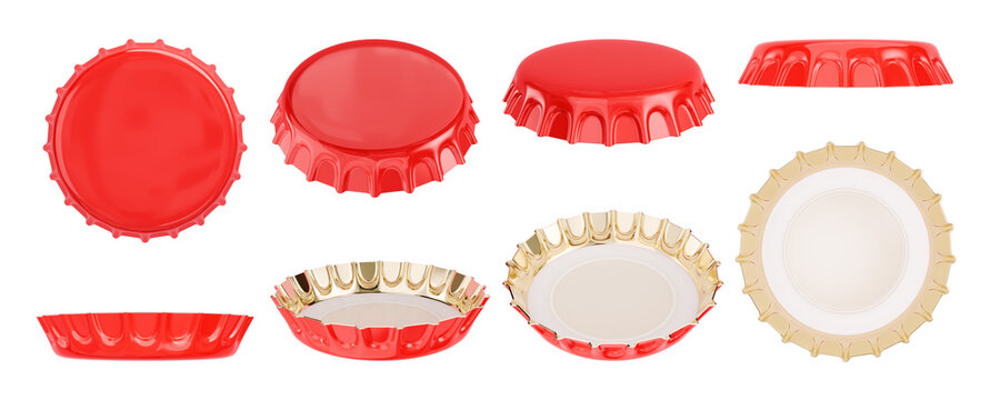 Mockup collection of glossy red crown cork bottle caps displayed from multiple angles including top bottom and side profiles perfect for vibrant beverage branding. 3D Rendering.