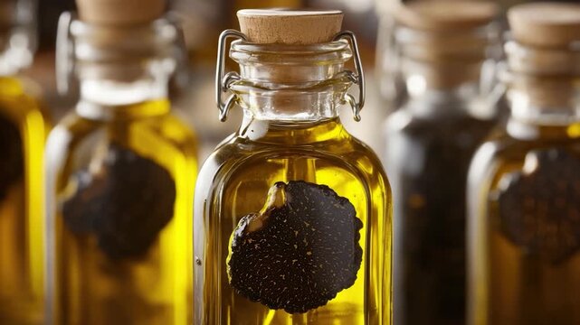 A close-up shot of a bottle of olive oil, ideal for food or product