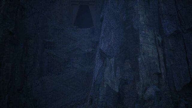 deep cavern passage with triangular opening, moonlit blue tones, towering rock formations, narrow path leading upward, ominous atmosphere suitable for adventure