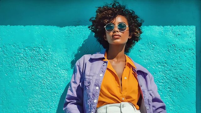 A vibrant portrait capturing a confident young woman enjoying the warmth of the sun. Ideal for fashion editorials, advertising campaigns, or lifestyle