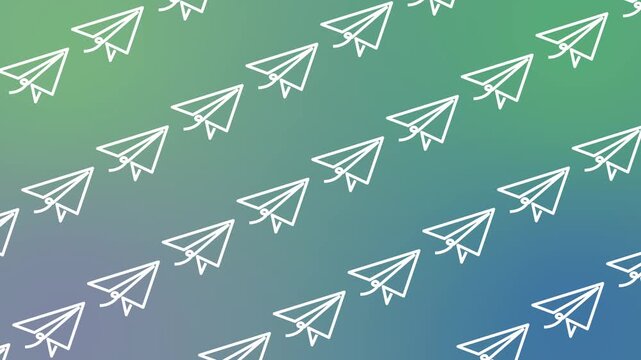 Seamless pattern with paper plane icons on a gradient background animation. Repeating paper airplane wallpaper for email, messaging, and startup screen backdrop concepts. Delivery sign banner.