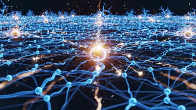 Video of illuminated neuron firing in abstract brain network, idea generation and problem solving concept for technology and startup branding with cool blue neural web fading into background while one