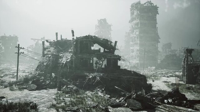fog shrouded ruined vehicle and towers, abandoned military wreck sits among muddy rubble with collapsed concrete towers in background, thick haze and moss