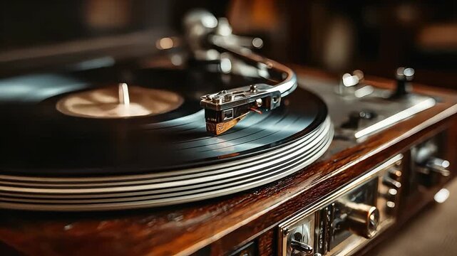 A close-up of a classic turntable evokes nostalgia and a passion for music. Perfect for illustrating articles on vintage culture, music history, or au