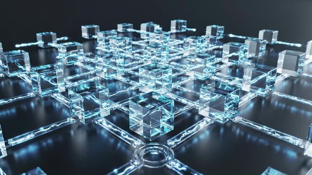Video of Digital Data Blocks Connecting, glowing cubes building structured network, decentralized technology and innovation backdrop.