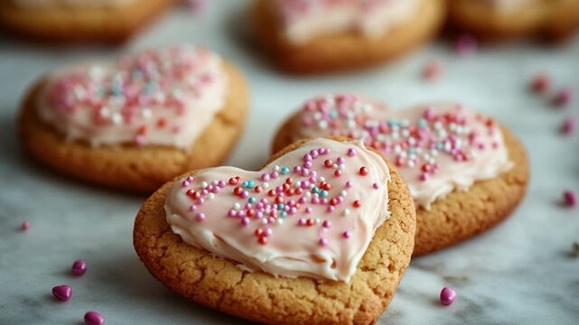 A delicious-looking cookie with creamy frosting and colorful sprinkles, perfect for snacking or decorating