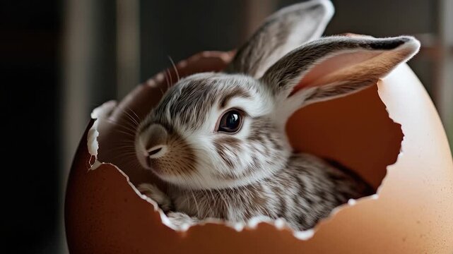 Small rabbit sits comfortably inside an eggshell