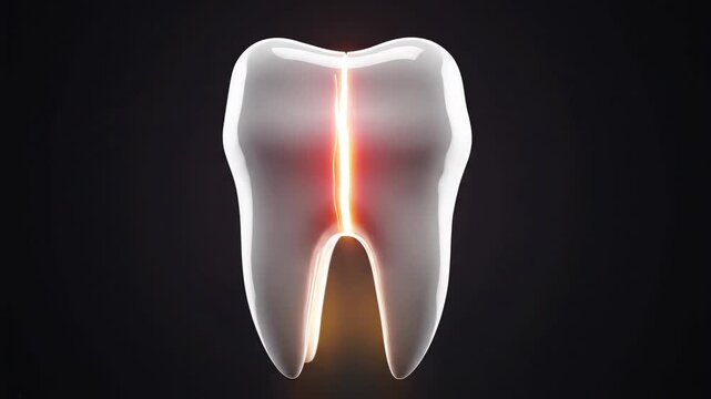 Abstract Nerve Response Visualization \'96 minimalist white tooth form with a thin glowing filament running from crown to root, soft red and amber light intensifying at the core to symbolize