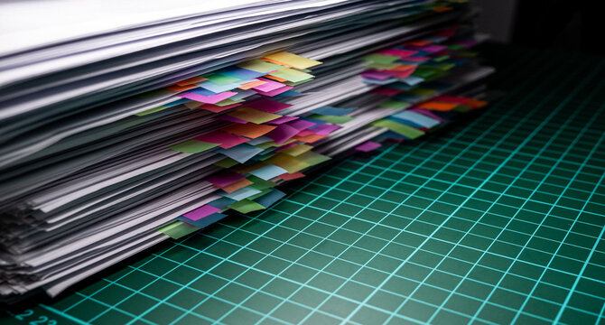 stack of reports with many colorful post it notes for project management and office organization