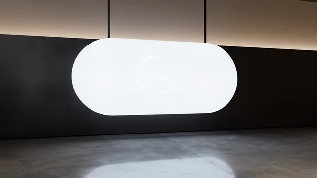 Modern oval illuminated signage mockup in a sleek interior setting, floating lightbox sign suspended against a dark neutral wall with soft gradient lighting, evenly diffused LED glow beneath a satin