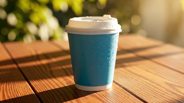 A light blue disposable coffee cup with a white lid sits on a warm wooden table bathed in dappled sunlight filtering through unseen leaves, soft natural shadows moving gently across the surface,