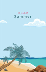 Obraz premium Hello summer text over tranquil beach scene with palm trees ocean waves and sand, representing warm weather and relaxation