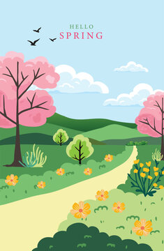 Spring landscape with a path, flowering trees, green grass, and birds flying in sky, hello spring, nature background