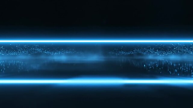 Minimal futuristic composition featuring a thin electric-blue light strip hovering above a glossy reflective surface, mirrored glow creating precise symmetry and depth, soft atmospheric haze and