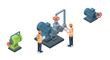 Engineers inspecting industrial machinery in isometric design
