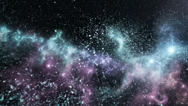Video of abstract interstellar particle field with radiant cosmic dust and glowing light specks, deep universe backdrop, space exploration mood, celestial sparkle design element, high tech visual