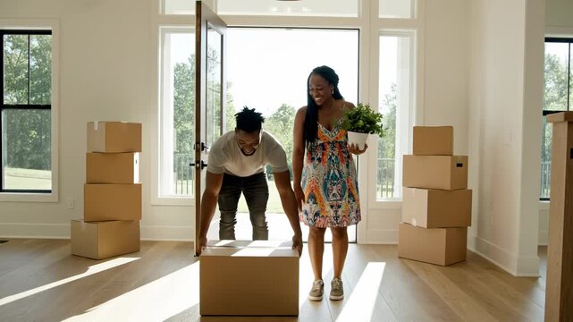 Happy couple carrying boxes into their new home, symbolizing moving and new beginnings