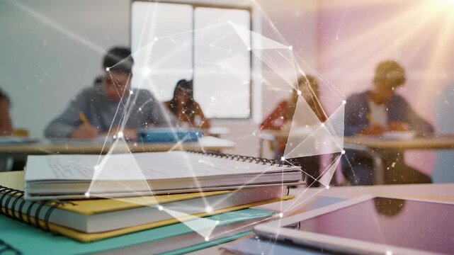 Abstract Concept of Learning in School visualized through a minimalist classroom interior with blurred anonymous student silhouettes in the background and sharp focus on layered study materials in the