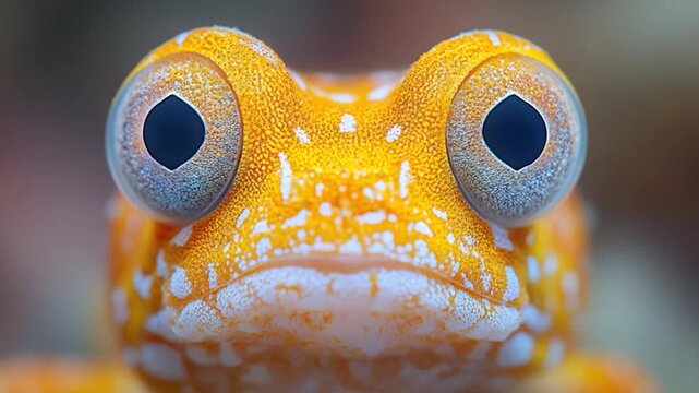 A close-up shot of a yellow and white frog's face with detailed features