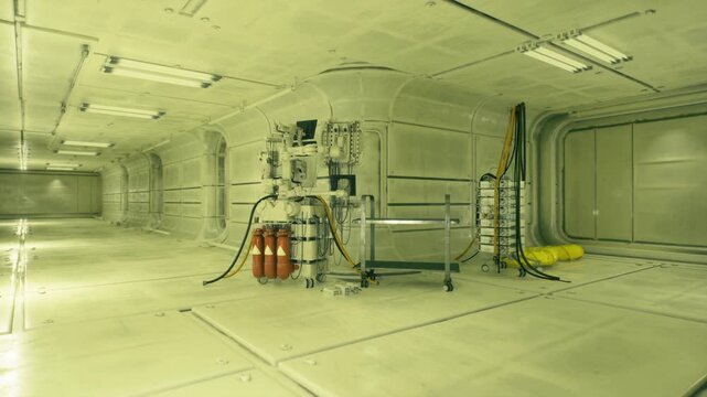 Sterile technical chamber with piping clusters and cable reels, pale green ambience, central service frame, floor panels with riveted seams, overhead ducting