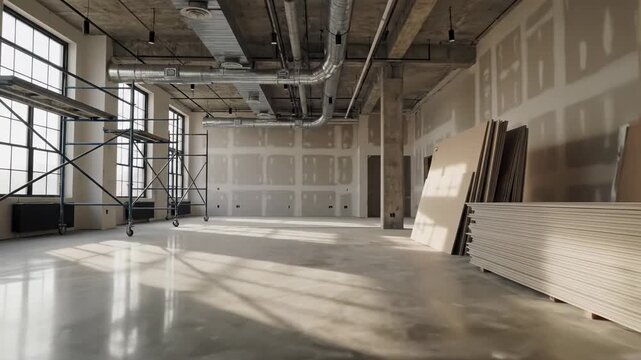 Urban loft renovation space inspired by construction site interior, a partially completed industrial apartment with exposed ductwork, unfinished plaster walls, stacked drywall panels leaning against