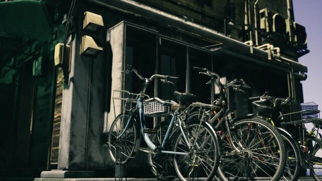 Morning bicycles lined near city corner, sunlight hitting chrome and worn paint, readyforride commuter vibe capturing transport, routine, and sustainable