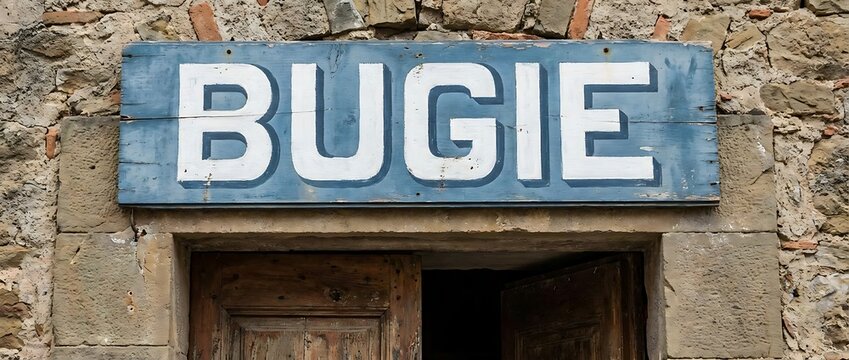 Hand Painted Blue Wooden Bugie Sign Over Stone Doorway