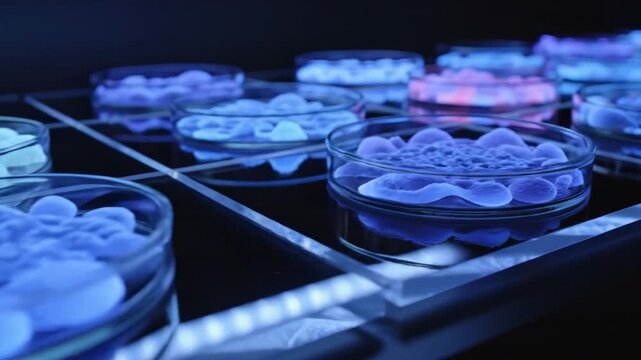 Bioluminescent culture concept in a dark minimalist lab environment, multiple petri dishes arranged in geometric alignment, each containing abstract glowing organic forms in electric blue and