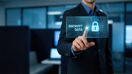 Fototapeta premium Businessman securing data with encryption technology in modern office