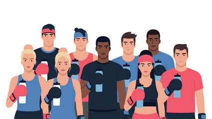 Obraz premium Group of diverse athletes holding water bottles and boxing gloves in flat design