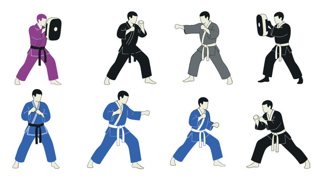 Martial arts practice: diverse karate training poses with protectors in various colored uniforms