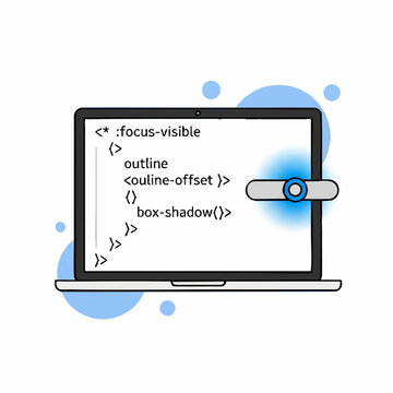 Laptop displaying CSS code for focusvisible styling.