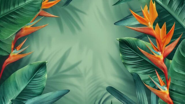 tropical paradise flowers amid lush leaves, vibrant orange bird of paradise blossoms with dewy texture, small butterfly hovering, cinematic closeup with soft