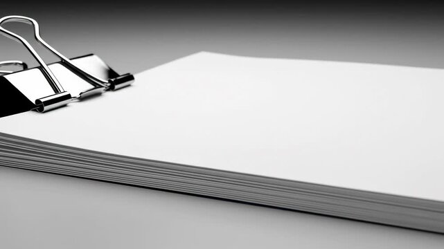 Video featuring blank document secured by silver binder clip on neutral surface, professional stationery concept for reports, proposals and marketing layouts.