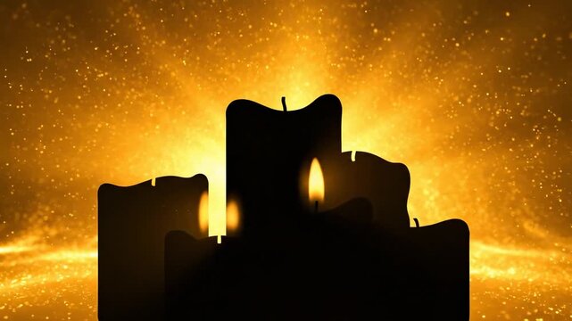 Three dark candles with glowing flames against a sparkling golden background